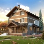 Проект дома «Л-465» из СИП-панелей, 465 м² — трёхэтажный дом с деревянным фасадом, каменным цоколем и крытой террасой | HotWell.KZ