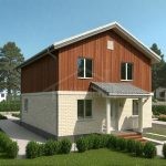 Проект дома «П-128» из СИП-панелей, 128 м² — двухэтажный дом с фасадом из дерева и светлого кирпича, крыльцо | HotWell.KZ