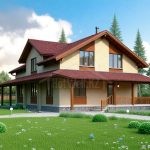 Проект дома «Н-298» из СИП-панелей, 298 м² — двухэтажный дом с деревянной отделкой, красной крышей и террасой | HotWell.KZ