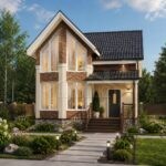 Проект дома «Б-103» из СИП-панелей, 103 м² — двухэтажный кирпичный дом с панорамными окнами | HotWell.KZ