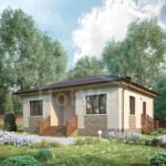 Проект дома «Н-81» из СИП-панелей, 81 м² — одноэтажный дом со светлой штукатуркой и деревянным крыльцом | HotWell.KZ