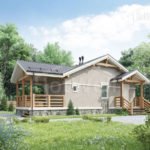 Проект дома «П-61» из СИП-панелей, 61 м² — одноэтажный дом с серой штукатуркой, террасой и каменным цоколем | HotWell.KZ
