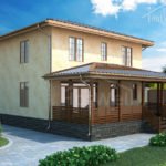 Проект дома «М-172» из СИП-панелей, 172 м² — двухэтажный дом с бежевой штукатуркой и просторной террасой | HotWell.KZ