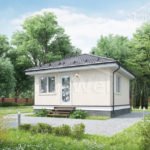 Проект дома «О-39» из СИП-панелей, 39 м² — одноэтажный дом с бежевым фасадом из штукатурки, четырёхскатная крыша и крыльцо | HotWell.KZ
