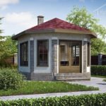 Проект дома «Р-28» из СИП-панелей, 28 м² — одноэтажный дом с каменным фасадом, красной крышей и панорамными окнами | HotWell.KZ