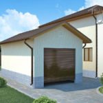 Проект дома «Я-36» из СИП-панелей, 36 м² — гараж со светлой штукатуркой и коричневыми роллетными воротами | HotWell.KZ