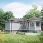 Проект дома «Г-38» из СИП-панелей, 38 м² — одноэтажный дом с фасадом из серого сайдинга, эркер и крыльцо | HotWell.KZ