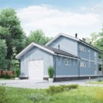 Проект дома «М-41» из СИП-панелей, 41 м² — двухэтажный дом с голубой штукатуркой и гаражом | HotWell.KZ