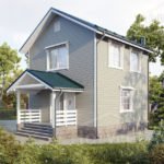 Проект дома «А-106» из СИП-панелей, 106 м² — двухэтажный дом с серым сайдингом под зелёной крышей | HotWell.KZ