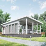 Проект дома «К-61» из СИП-панелей, 61 м² — одноэтажный дом из серого кирпича с плоской крышей и просторной террасой | HotWell.KZ