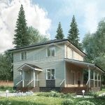 Проект дома «В-142» из СИП-панелей, 142 м² — двухэтажный дом со светло-зелёным сайдингом, крыльцо и терраса | HotWell.KZ
