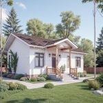 Проект дома «Б-84» из СИП-панелей, 84 м² — одноэтажный белый дом с деревянным крыльцом и тёмной крышей | HotWell.KZ