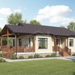 Проект дома «Б-79» из СИП-панелей, 79 м² — одноэтажный дом со светлой штукатуркой, деревянной террасой и каменным цоколем | HotWell.KZ