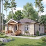 Проект дома «В-120ББ» из СИП-панелей, 120 м² — одноэтажный дом с каменной отделкой и деревянным крыльцом | HotWell.KZ