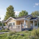 Проект дома «В-86» из СИП-панелей, 86 м² — одноэтажный дом с жёлтой штукатуркой, каменным цоколем и верандой с колоннами | HotWell.KZ