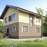 Проект дома «Б-106» из СИП-панелей, 106 м² — двухэтажный дом с кирпичным низом и жёлтой штукатуркой | HotWell.KZ