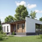 Проект дома «Б-125» из СИП-панелей, 125 м² — одноэтажный дом с белой штукатуркой и деревянными вставками, плоская крыша, панорамные окна | HotWell.KZ