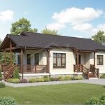 Проект дома «Д-80» из СИП-панелей, 80 м² — одноэтажный дом с бежевым фасадом, крытым крыльцом и каменным цоколем | HotWell.KZ