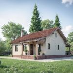 Проект дома «Д-93» из СИП-панелей, 93 м² — одноэтажный дом со светлой штукатуркой, черепичной крышей и кирпичным цоколем | HotWell.KZ