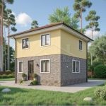 Проект дома «А-107» из СИП-панелей, 107 м² — двухэтажный дом с каменным низом и жёлтой штукатуркой | HotWell.KZ