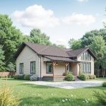 Проект дома «К-98ББ» из СИП-панелей, 98 м² — одноэтажный дом со светлым сайдингом, коричневой крышей и террасой с панорамными окнами | HotWell.KZ