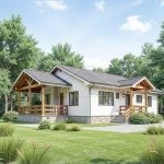 Проект дома «К-99» из СИП-панелей, 99 м² — одноэтажный дом с белой штукатуркой, каменным цоколем и деревянной террасой | HotWell.KZ