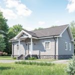 Проект дома «Л-75» из СИП-панелей, 75 м² — одноэтажный дом с серым сайдингом, крыльцом и каменным цоколем | HotWell.KZ