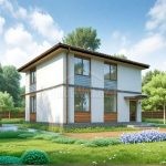 Проект дома «Ё-152» из СИП-панелей, 152 м² — двухэтажный дом с белой штукатуркой и деревянными вставками | HotWell.KZ