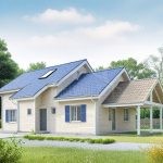 Проект дома «Е-172» из СИП-панелей, 172 м² — одноэтажный дом с мансардой, деревянный фасад, синяя крыша и навес | HotWell.KZ