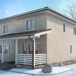 Проект дома «Е-180» из СИП-панелей, 180 м² — двухэтажный дом с бежевой штукатуркой и крытой террасой | HotWell.KZ
