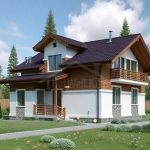 Проект дома «Е-194» из СИП-панелей, 194 м² — дом с мансардой, отделка штукатуркой и деревом, бордовая крыша, балкон | HotWell.KZ