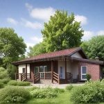 Проект дома «Ж-104» из СИП-панелей, 104 м² — одноэтажный кирпичный дом с красной черепичной крышей и деревянной террасой | HotWell.KZ