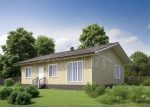 Проект дома «Ж-107ББ» из СИП-панелей, 107 м² — одноэтажный дом со светлым сайдингом, двускатной крышей и кирпичным цоколем | HotWell.KZ