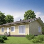 Проект дома «Ж-107ББ» из СИП-панелей, 107 м² — одноэтажный дом со светлым сайдингом, двускатной крышей и кирпичным цоколем | HotWell.KZ