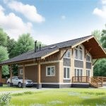 Проект дома «Ж-176» из СИП-панелей, 176 м² — дом с мансардой, деревянной отделкой, камнем и навесом | HotWell.KZ