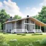 Проект дома «Ж-240» из СИП-панелей, 240 м² — одноэтажный дом с серым сайдингом, двускатной крышей и крытой террасой | HotWell.KZ