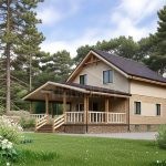 Проект дома «З-150» из СИП-панелей, 150 м² — дом с мансардой, бежевая штукатурка, каменный цоколь и терраса | HotWell.KZ