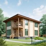 Проект дома «З-170» из СИП-панелей, 170 м² — двухэтажный дом с бежевой штукатуркой, деревянным балконом и террасой | HotWell.KZ
