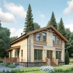 Проект дома «И-162ББ» из СИП-панелей, 162 м² — двухэтажный дом с бежевой штукатуркой, деревянной отделкой и каменным цоколем | HotWell.KZ