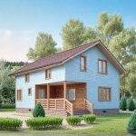 Проект дома «К-150ВВ» из СИП-панелей, 150 м² — двухэтажный дом с голубым сайдингом, коричневой крышей и крытым крыльцом | HotWell.KZ