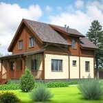 Проект дома «К-154ББ» из СИП-панелей, 154 м² — дом с мансардой, бежевая штукатурка и деревянная отделка, коричневая крыша, терраса | HotWell.KZ
