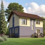 Проект дома «К-160ББ» из СИП-панелей, 160 м² — двухэтажный дом с жёлтой штукатуркой и фиолетовым кирпичом, крыльцо со ступенями | HotWell.KZ