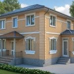 Проект дома «К-171ББ» из СИП-панелей, 171 м² — двухэтажный дом из жёлтого кирпича с белыми наличниками и крыльцом с козырьком | HotWell.KZ