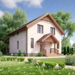 Проект дома «К-190ББ» из СИП-панелей, 190 м² — дом с мансардой, белая штукатурка, коричневая крыша, деревянное крыльцо | HotWell.KZ