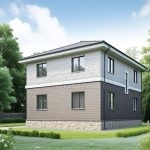 Проект дома «Р-150» из СИП-панелей, 150 м² — двухэтажный дом с серым сайдингом и каменным цоколем, вальмовая крыша | HotWell.KZ