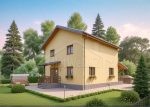 Проект дома «Р-152» из СИП-панелей, 152 м² — двухэтажный дом с жёлтым оштукатуренным фасадом, террасой и двускатной крышей | HotWell.KZ