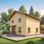 Проект дома «Р-152» из СИП-панелей, 152 м² — двухэтажный дом с жёлтым оштукатуренным фасадом, террасой и двускатной крышей | HotWell.KZ