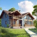 Проект дома «А-304» из СИП-панелей, 304 м² — двухэтажный дом с серым каменным фасадом и деревянными вставками, терраса и панорамные окна | HotWell.KZ