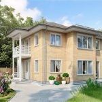 Проект дома «Б-185» из СИП-панелей, 185 м² — двухэтажный дом из жёлтого кирпича с балконом и крыльцом | HotWell.KZ