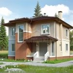 Проект дома «Б-177» из СИП-панелей, 177 м² — двухэтажный дом с бежевой штукатуркой и кирпичными вставками, крыльцо с навесом | HotWell.KZ